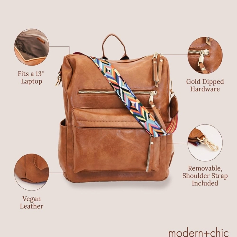 Modern+Chic Brown Backpack/Purse with Colorful Reversible/Removable Strap - Picture 10 of 12